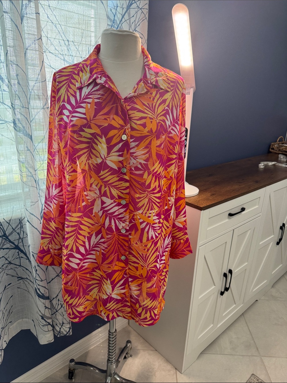 Belle by Kim Gravel Tropical Leaf Button-Down Shirt - Pink, Orange, Yellow